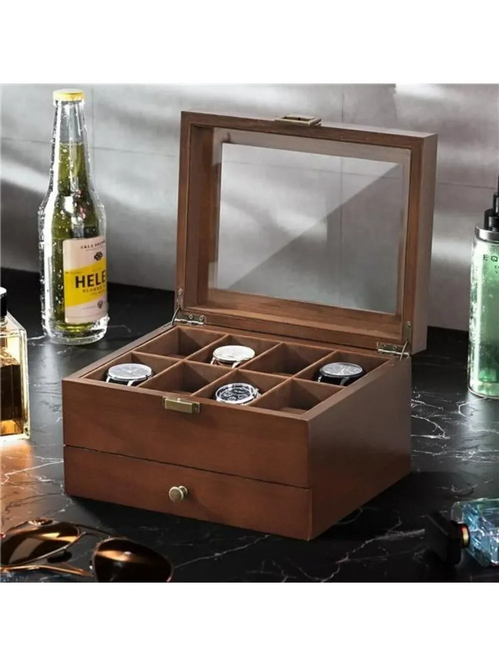Wood Watch Box for Men 8 Slot Display Case with Drawer Jewelry Organizer